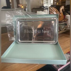 Mariposa Silver Tray with Beaded Border 6x9 Bless this home new with box